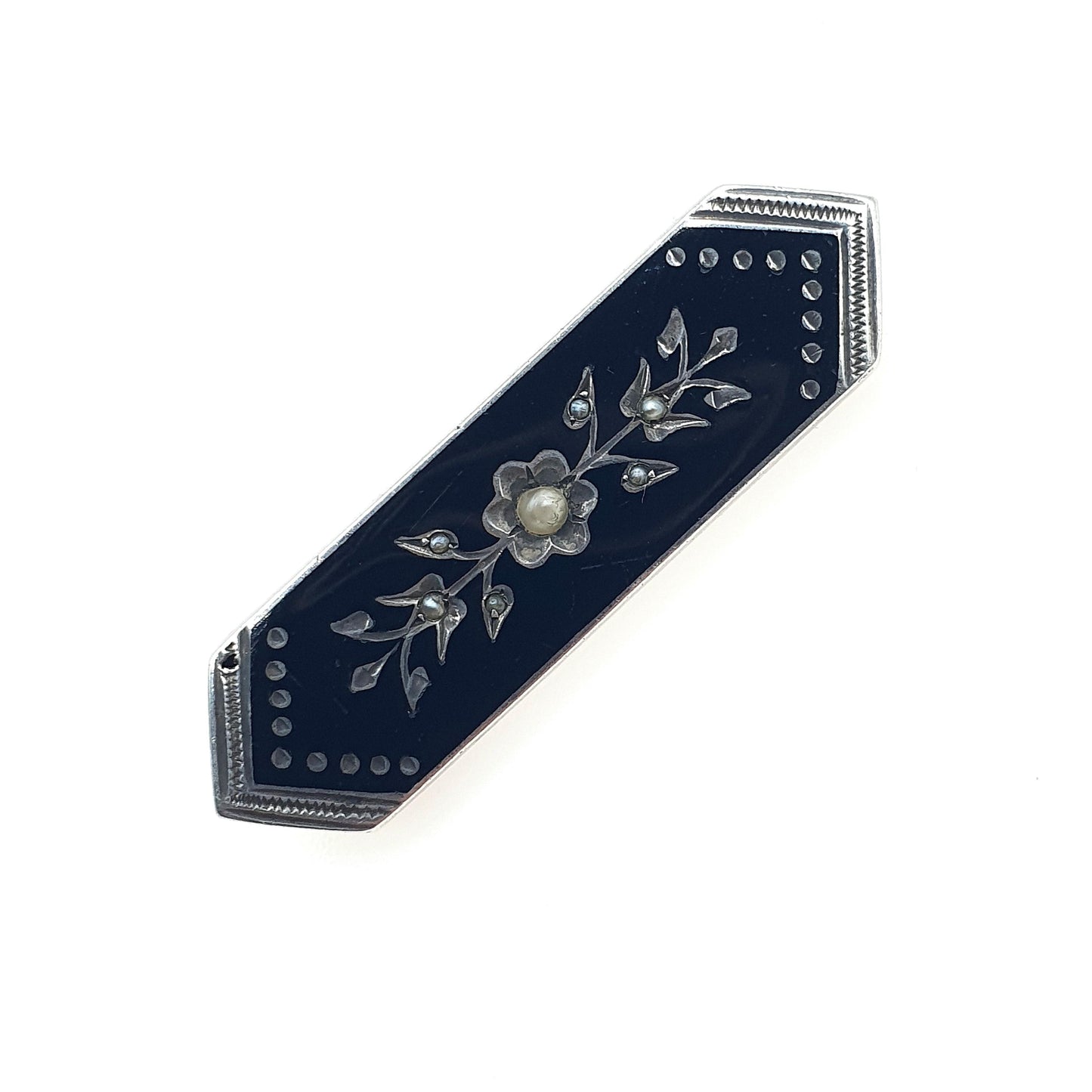 Antique Victorian Solid Silver Black Enamel and Seed Pearl Brooch Mourning Womens Ladies Jewelry Vintage Jewellery