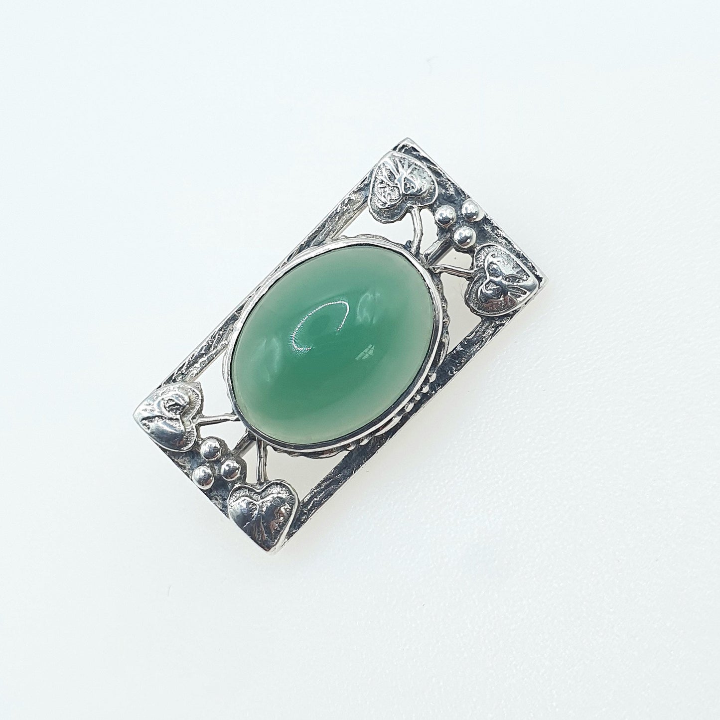 Antique Solid Silver Chrysoprase Brooch Bernard Instone Style Art Nouveau Genuine Green Gemstone Vintage