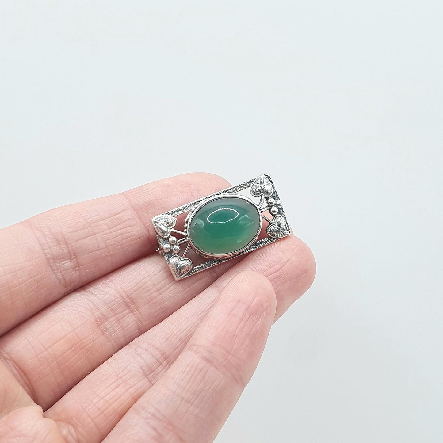 Antique Solid Silver Chrysoprase Brooch Bernard Instone Style Art Nouveau Genuine Green Gemstone Vintage