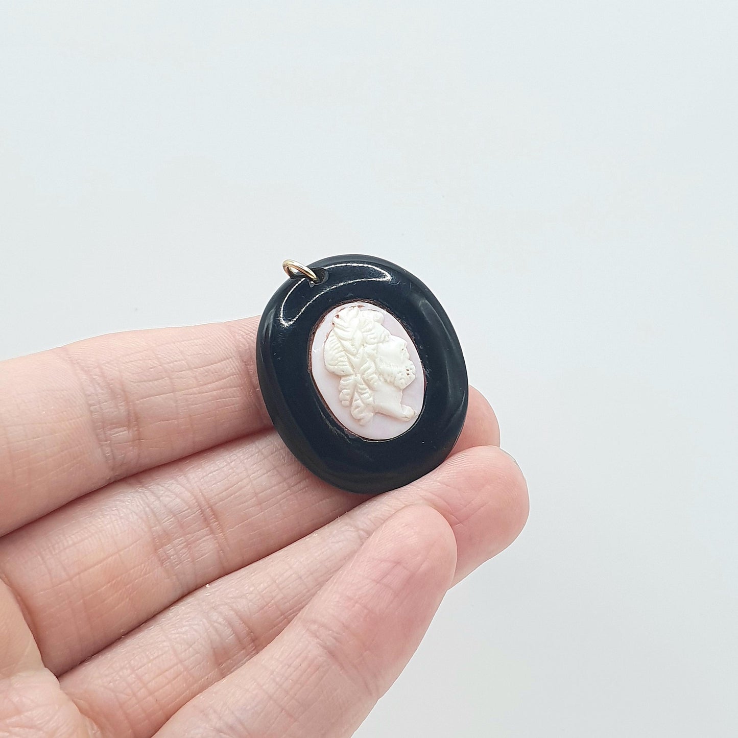 Antique Victorian Whitby Jet Pink Cameo Pendant Hand Carved Vintage Jewelry Jewellery Necklace Womens Unisex