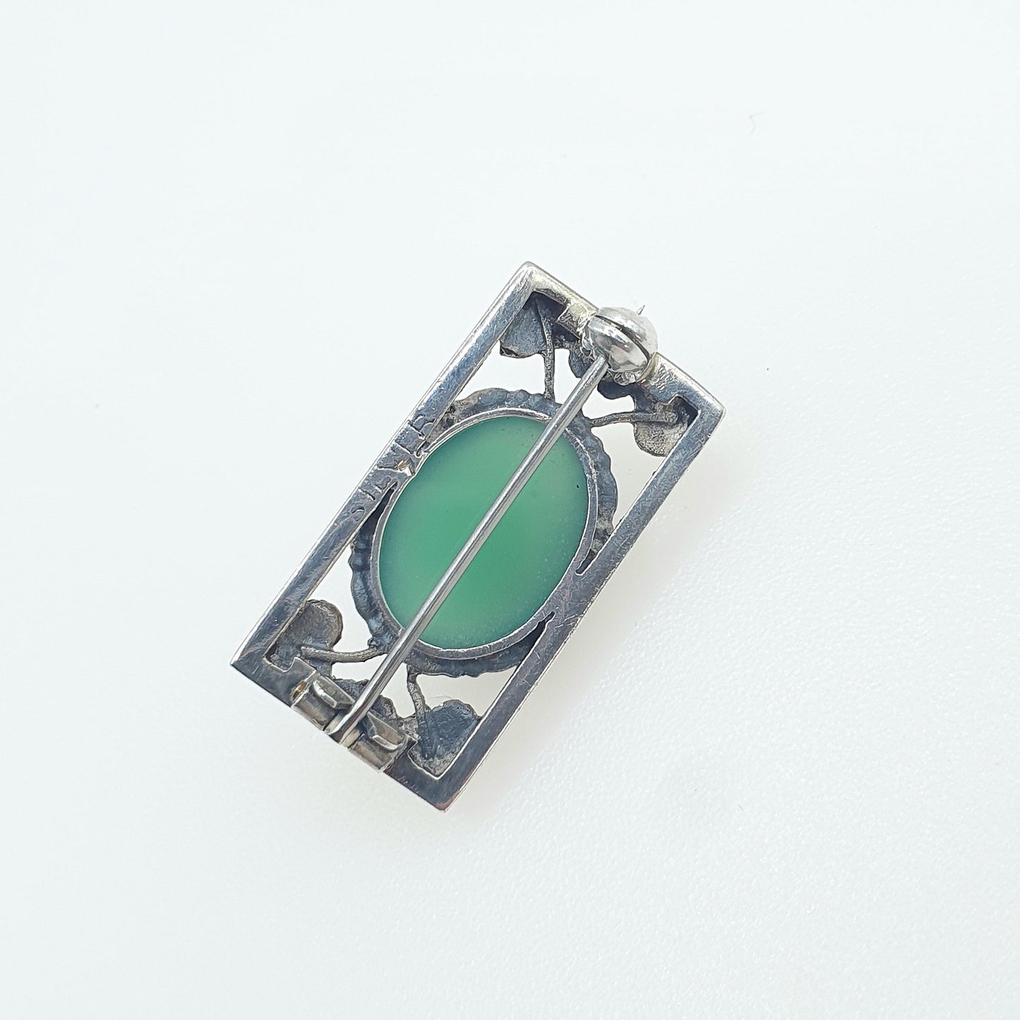Antique Solid Silver Chrysoprase Brooch Bernard Instone Style Art Nouveau Genuine Green Gemstone Vintage