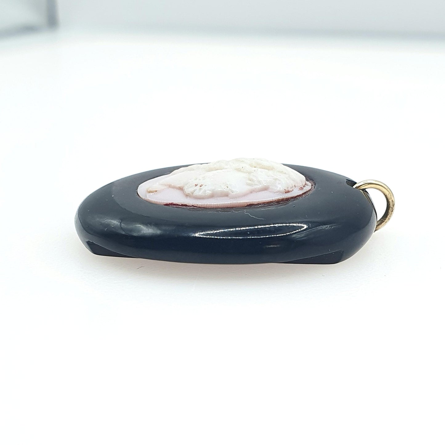 Antique Victorian Whitby Jet Pink Cameo Pendant Hand Carved Vintage Jewelry Jewellery Necklace Womens Unisex
