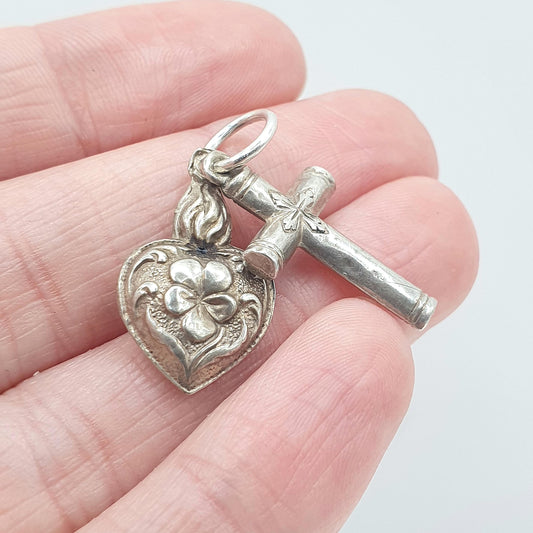 Antique Victorian Solid Silver Cross and Heart Charm Pendant Necklace Crucifix Religious Jewelry Vintage Jewellery