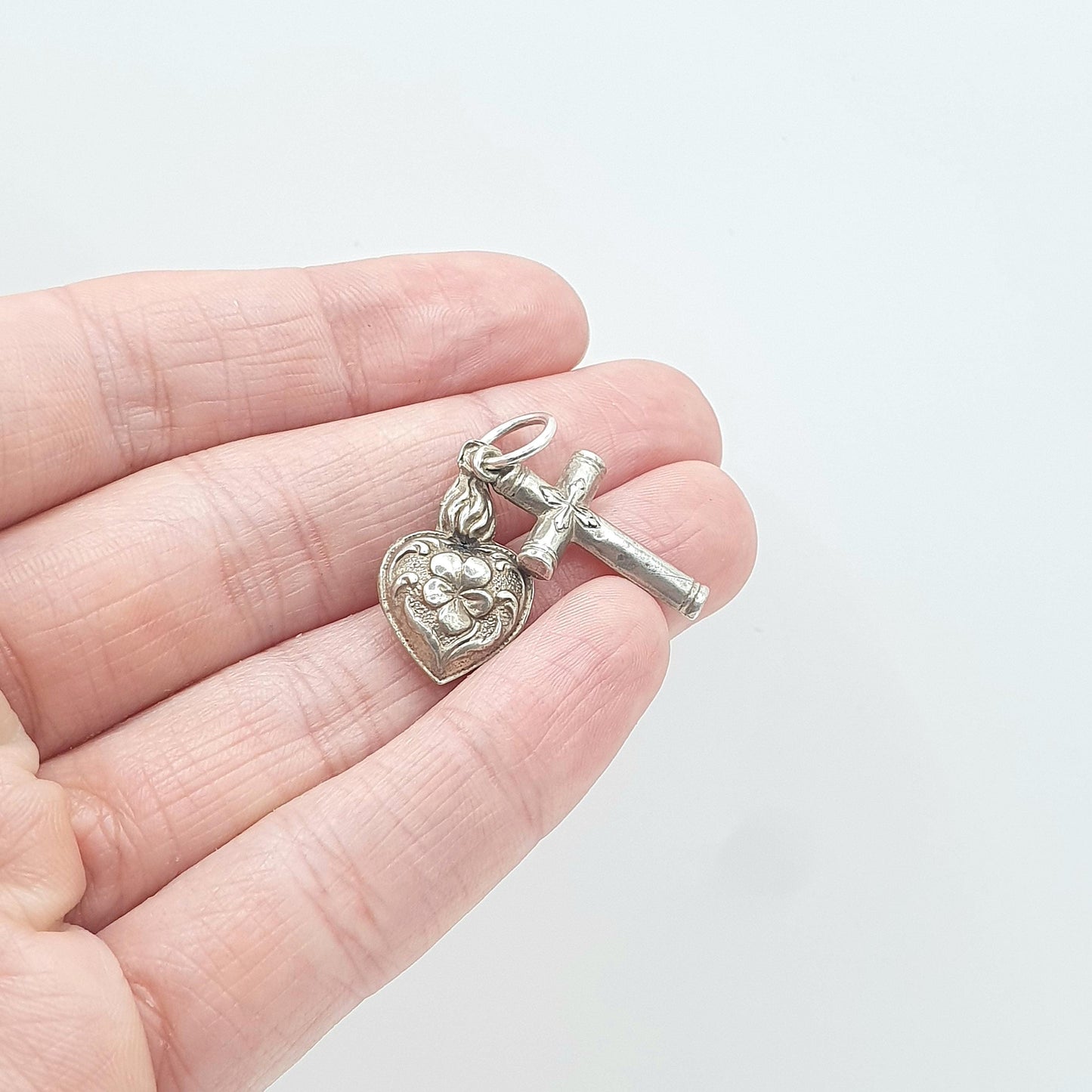 Antique Victorian Solid Silver Cross and Heart Charm Pendant Necklace Crucifix Religious Jewelry Vintage Jewellery