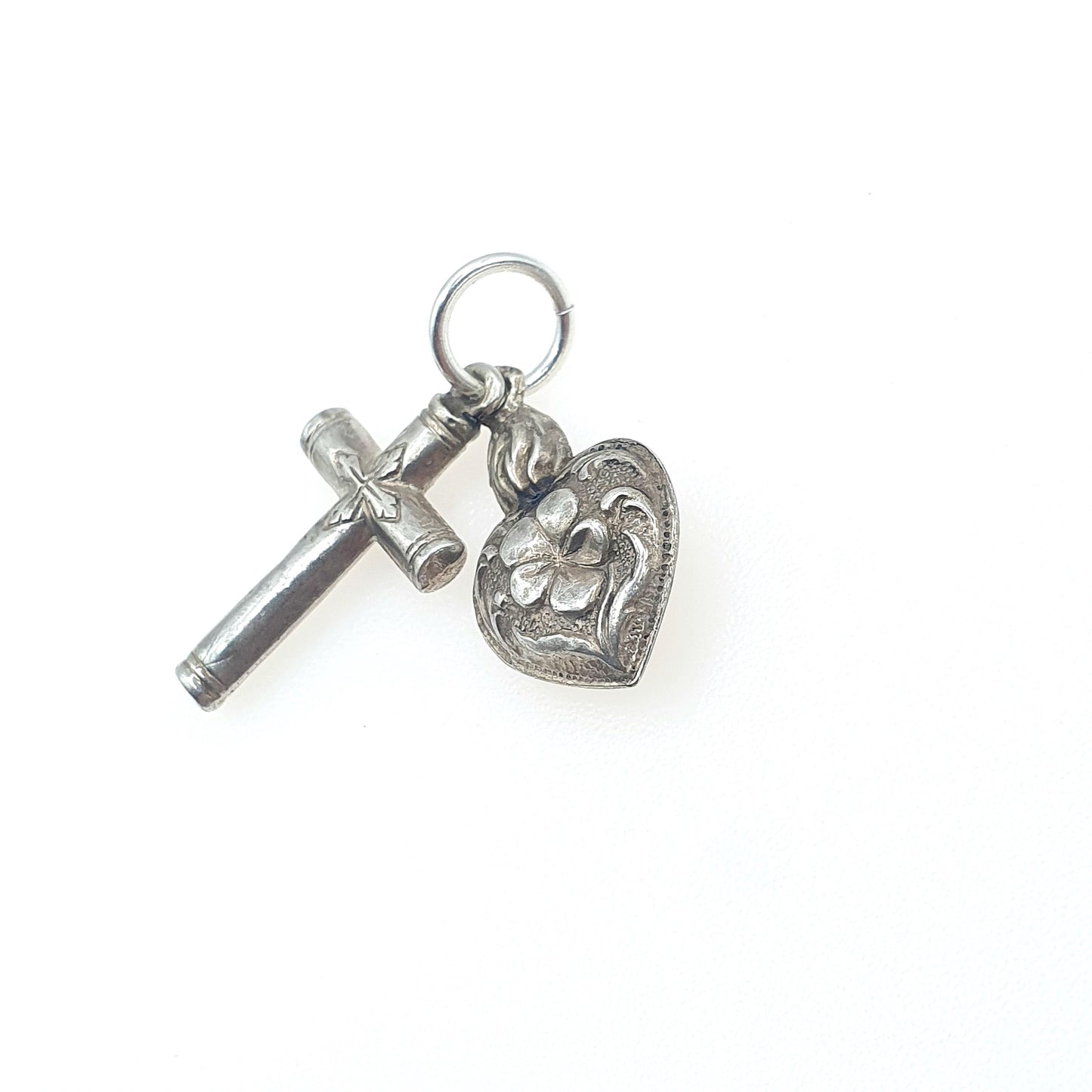 Antique Victorian Solid Silver Cross and Heart Charm Pendant Necklace Crucifix Religious Jewelry Vintage Jewellery