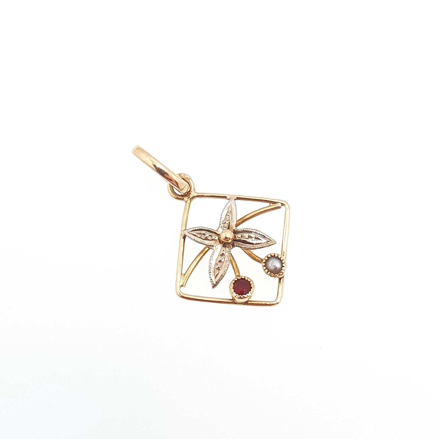 Antique 18ct Gold Garnet Pearl Pendant Square Necklace French Art Deco 18k 18kt