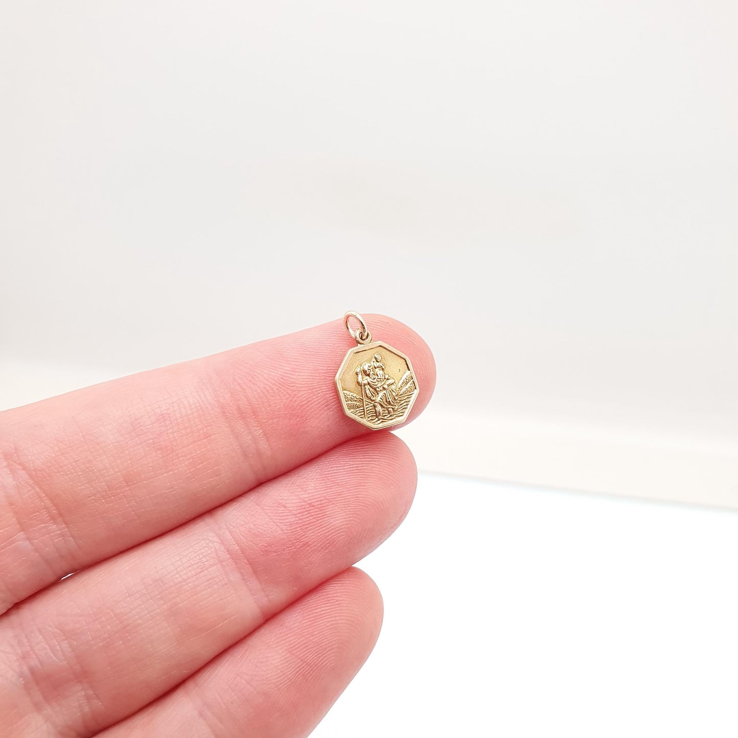 Vintage CHARLES HORNER 9ct 9k Gold St Christopher Charm Pendant Octagonal Small Tiny Solid