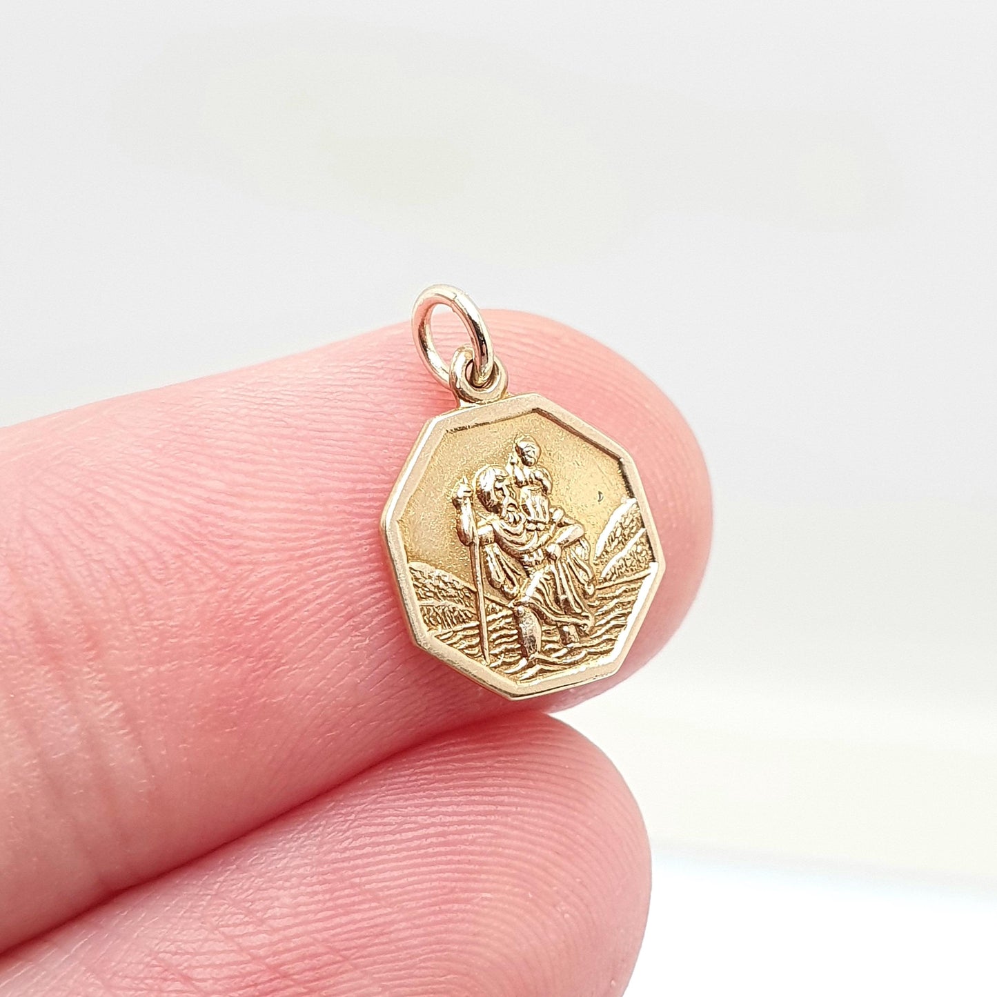 Vintage CHARLES HORNER 9ct 9k Gold St Christopher Charm Pendant Octagonal Small Tiny Solid