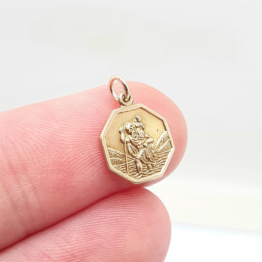 Vintage CHARLES HORNER 9ct 9k Gold St Christopher Charm Pendant Octagonal Small Tiny Solid