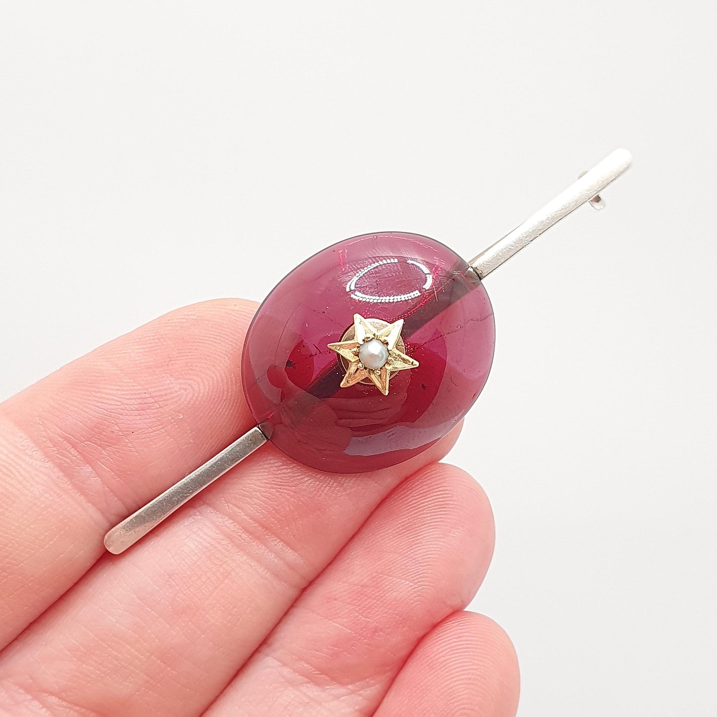 Antique Victorian Solid Silver Domed Garnet Brooch 9ct Gold Star Seed Pearl Genuine Gemstone Vintage Jewelry Jewellery