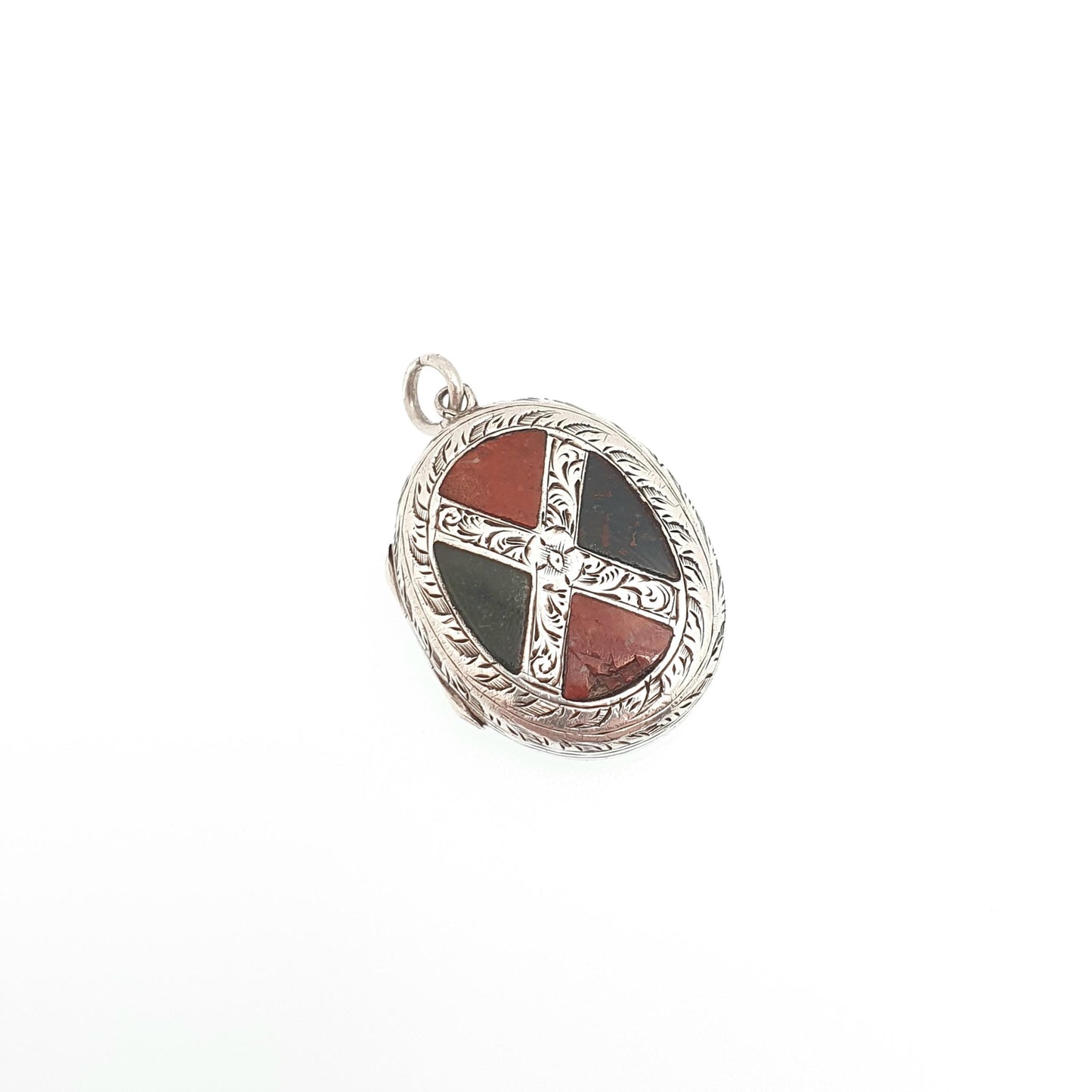 Antique Victorian Solid Silver Scottish Agate Locket Bloodstone & Jasper Genuine Gemstone Pendant Necklace Vintage