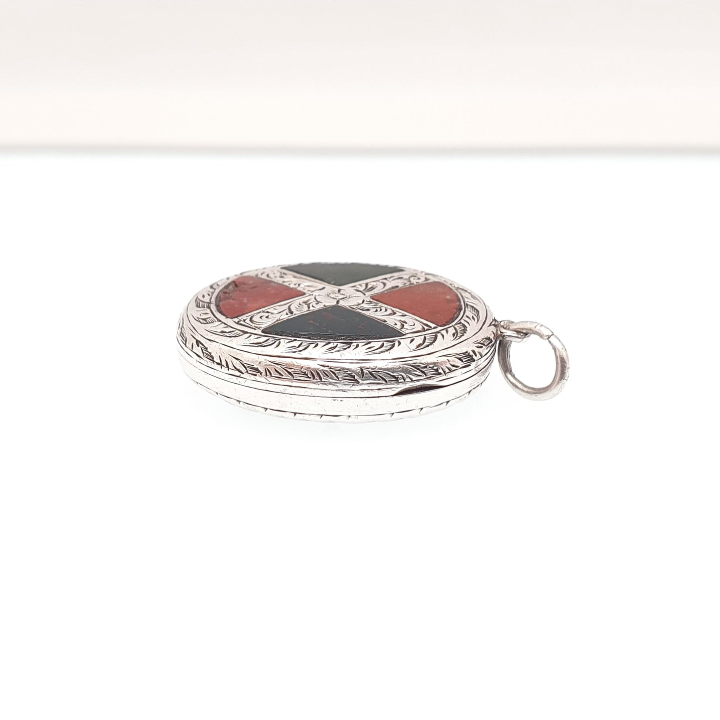 Antique Victorian Solid Silver Scottish Agate Locket Bloodstone & Jasper Genuine Gemstone Pendant Necklace Vintage