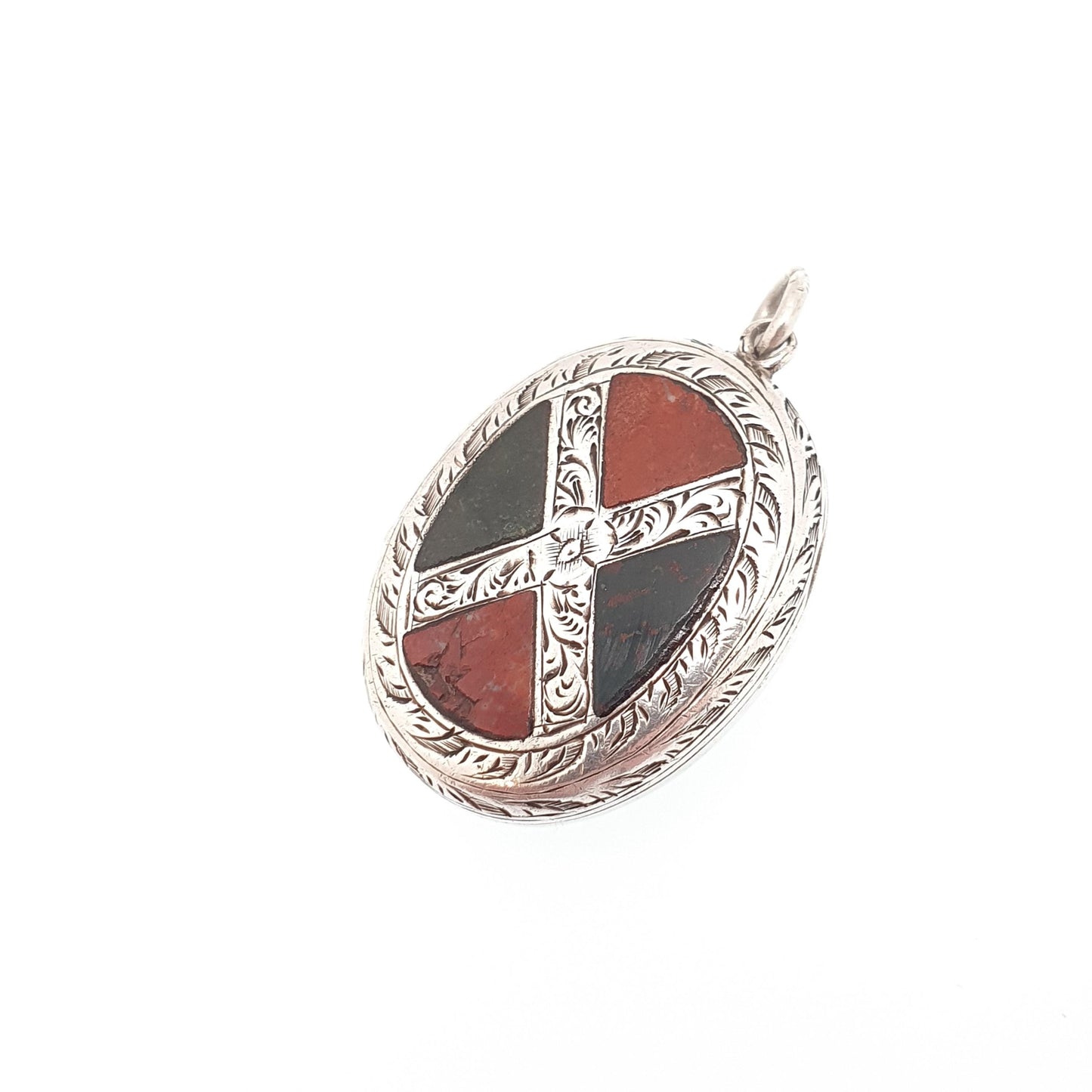 Antique Victorian Solid Silver Scottish Agate Locket Bloodstone & Jasper Genuine Gemstone Pendant Necklace Vintage