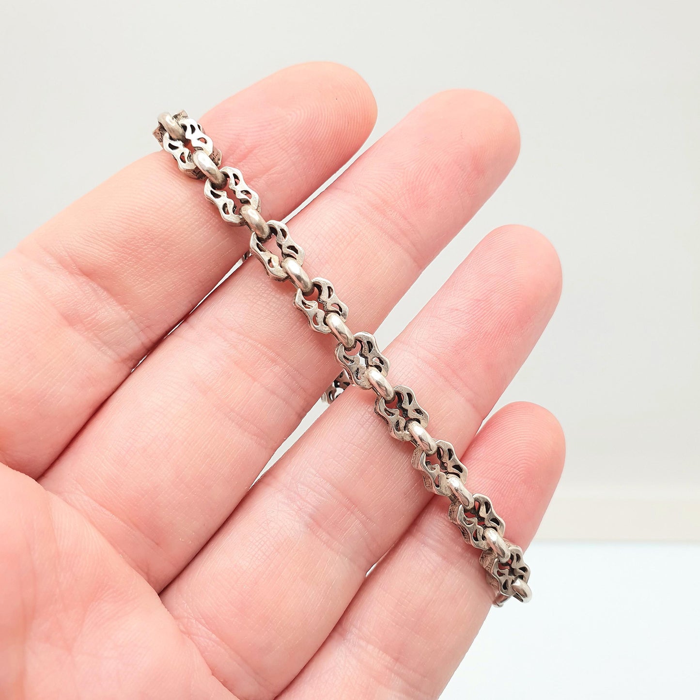 Antique Sterling Silver Victorian Bracelet Fancy Link Stars and Bars Style Dog Clip 8.50g 18cm Vintage Womens Jewelry
