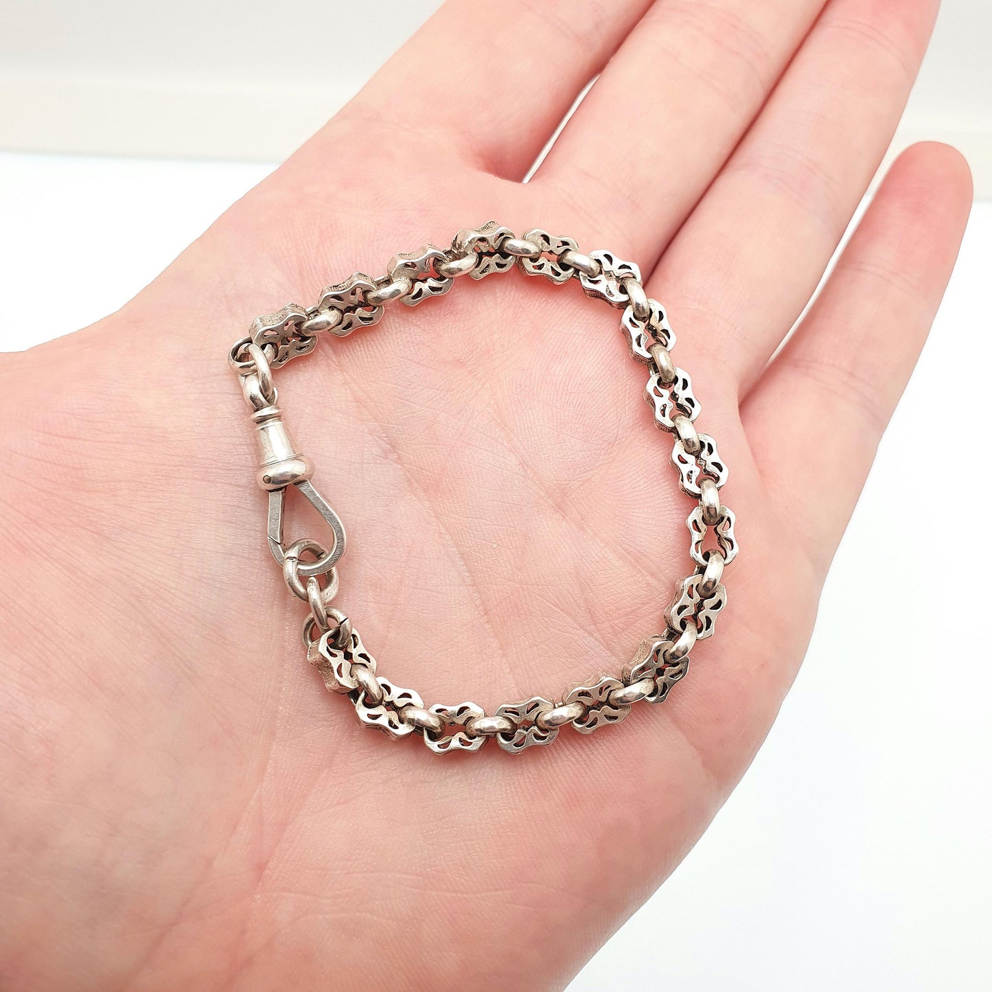 Antique Sterling Silver Victorian Bracelet Fancy Link Stars and Bars Style Dog Clip 8.50g 18cm Vintage Womens Jewelry