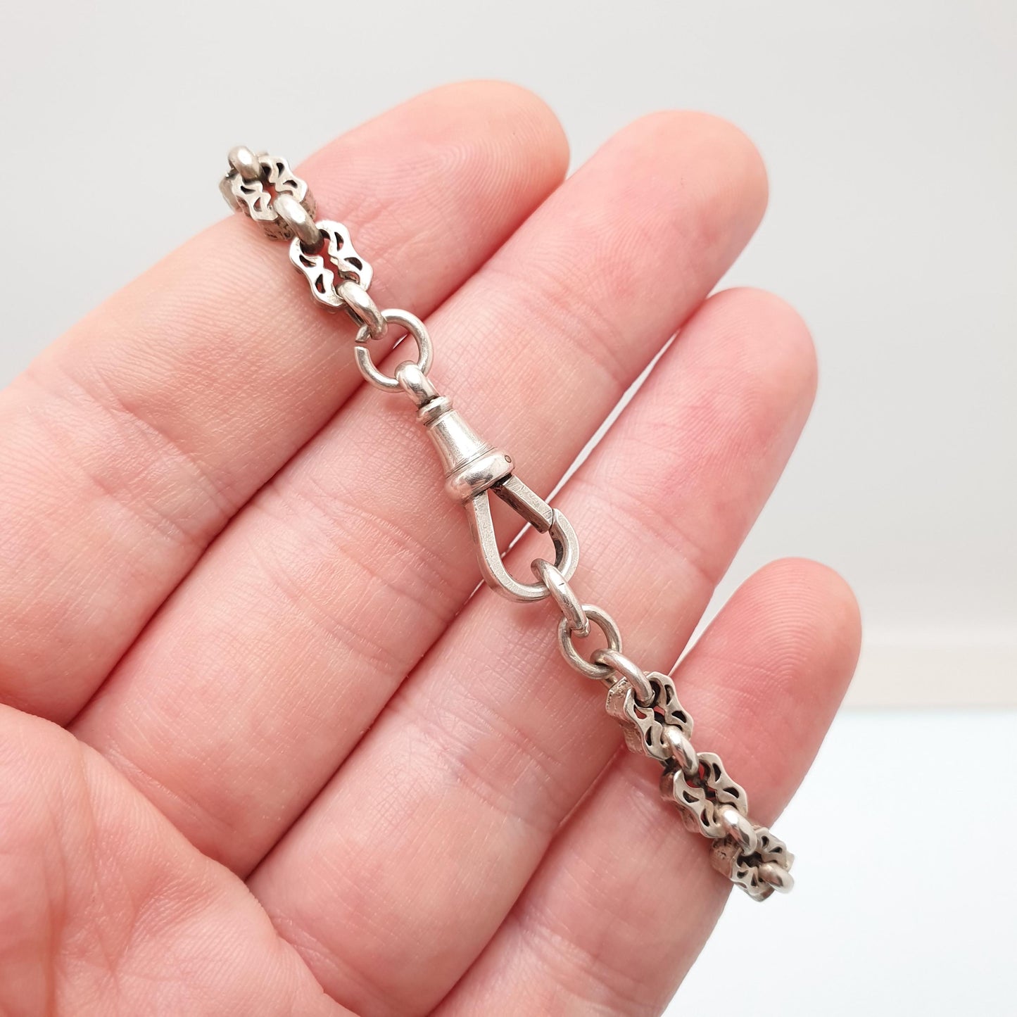 Antique Sterling Silver Victorian Bracelet Fancy Link Stars and Bars Style Dog Clip 8.50g 18cm Vintage Womens Jewelry