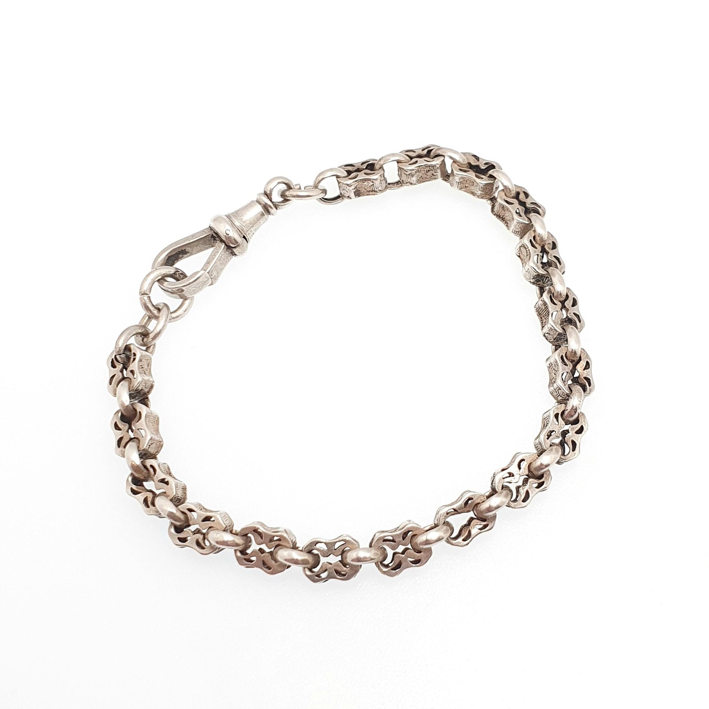 Antique Sterling Silver Victorian Bracelet Fancy Link Stars and Bars Style Dog Clip 8.50g 18cm Vintage Womens Jewelry
