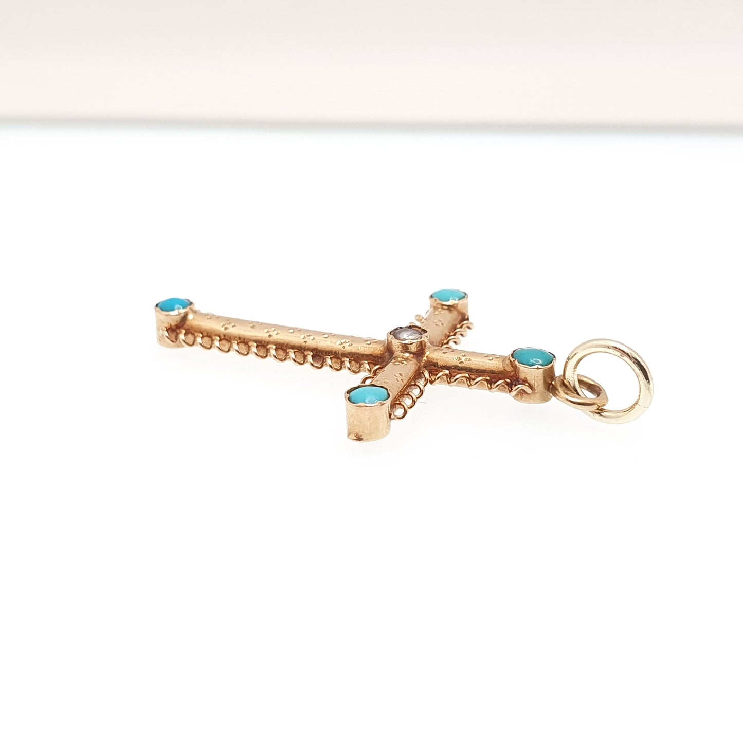 Antique 18ct Gold Turquoise & Pearl Crucifix Pendant French Necklace Solid 18k 18kt Cross Vintage