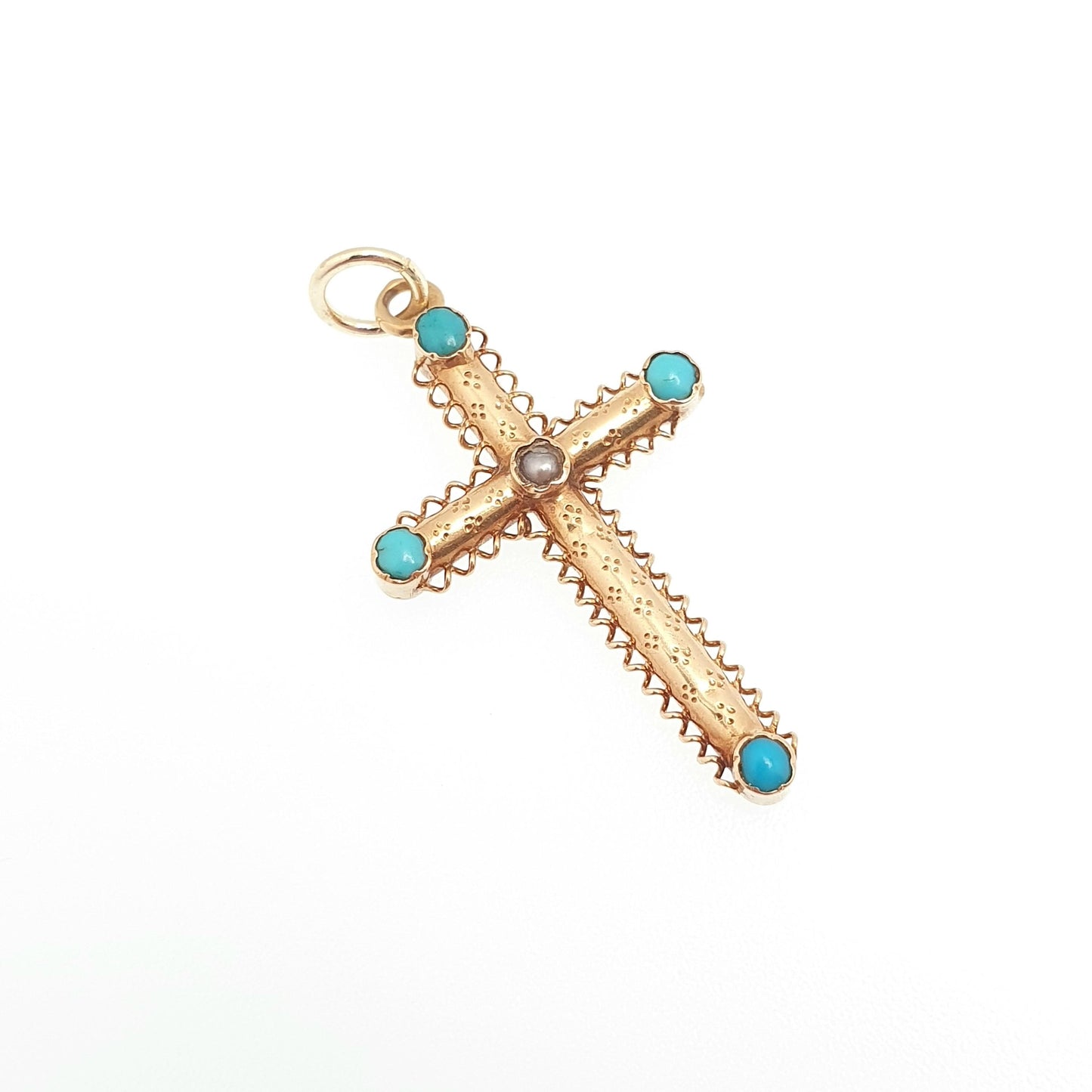 Antique 18ct Gold Turquoise & Pearl Crucifix Pendant French Necklace Solid 18k 18kt Cross Vintage