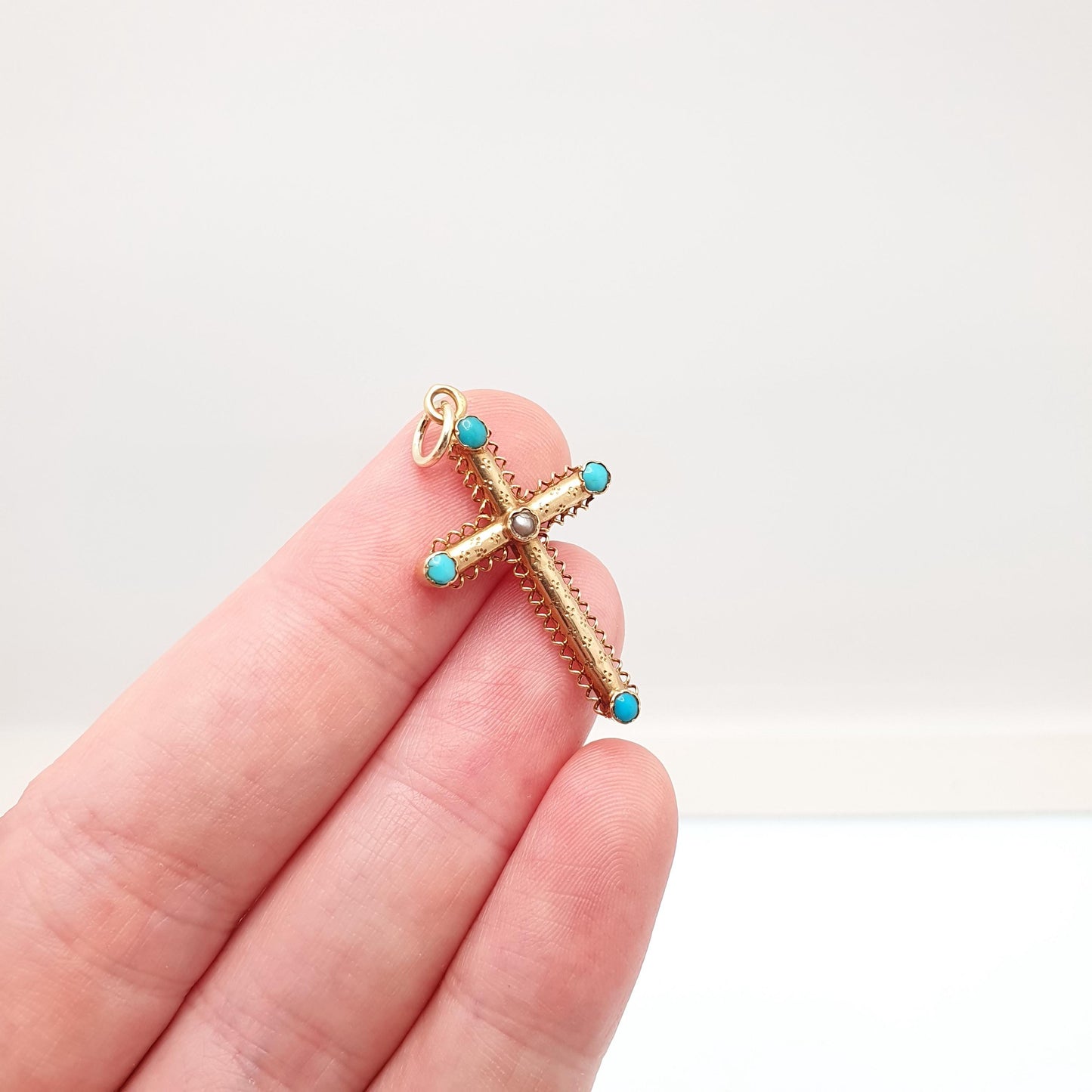 Antique 18ct Gold Turquoise & Pearl Crucifix Pendant French Necklace Solid 18k 18kt Cross Vintage