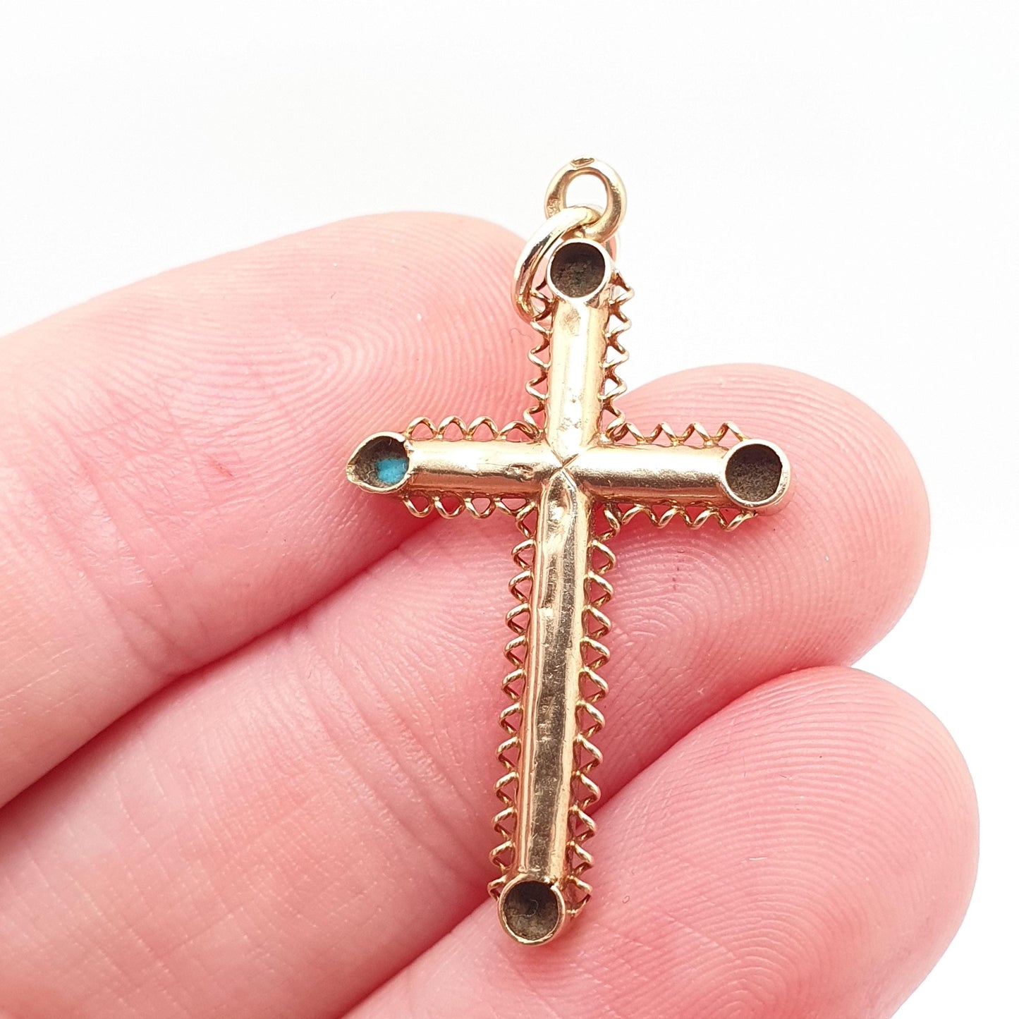 Antique 18ct Gold Turquoise & Pearl Crucifix Pendant French Necklace Solid 18k 18kt Cross Vintage
