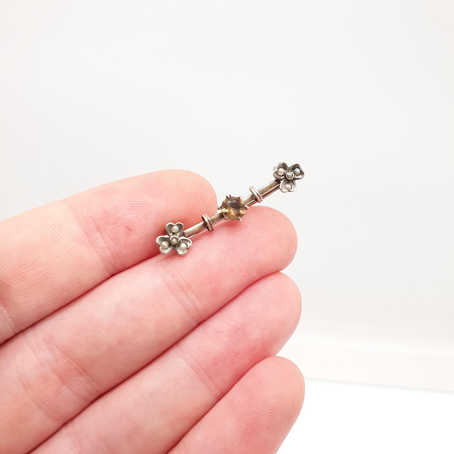 Antique Gold On Solid Silver Citrine Brooch Clover Seed Pearl Gemstone Scandinavian Pin Vintage
