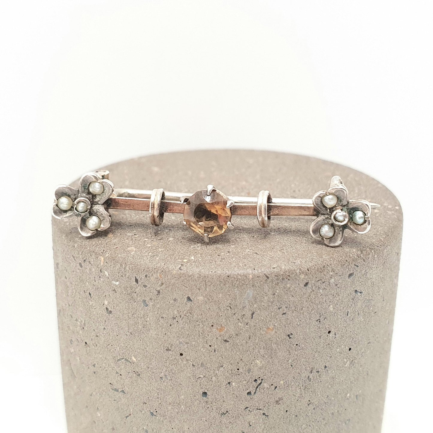 Antique Gold On Solid Silver Citrine Brooch Clover Seed Pearl Gemstone Scandinavian Pin Vintage