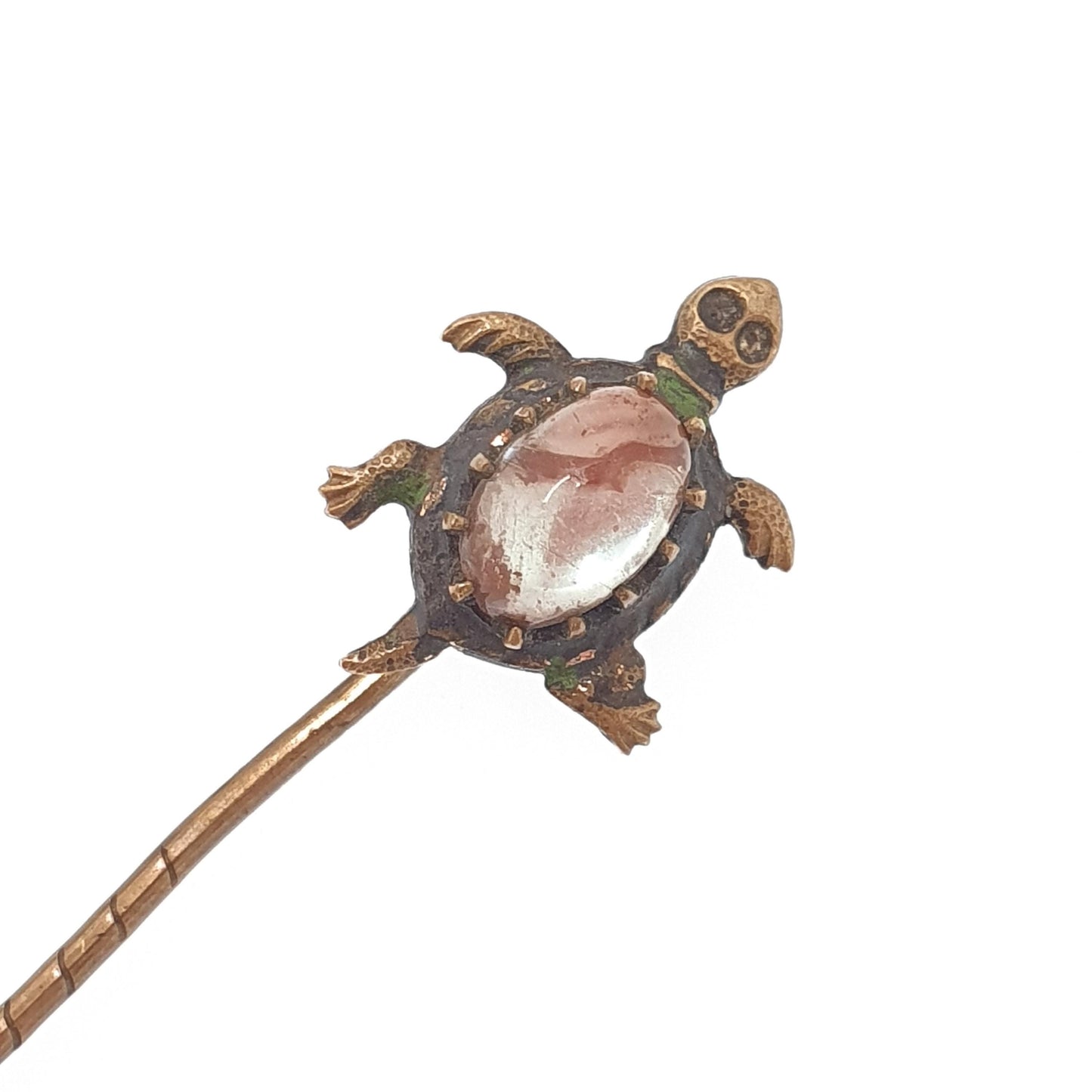 Antique Saphiret Turtle Stick Pin Victorian Tortoise Gold Tone Blue Red Rare Animal Lapel Vintage