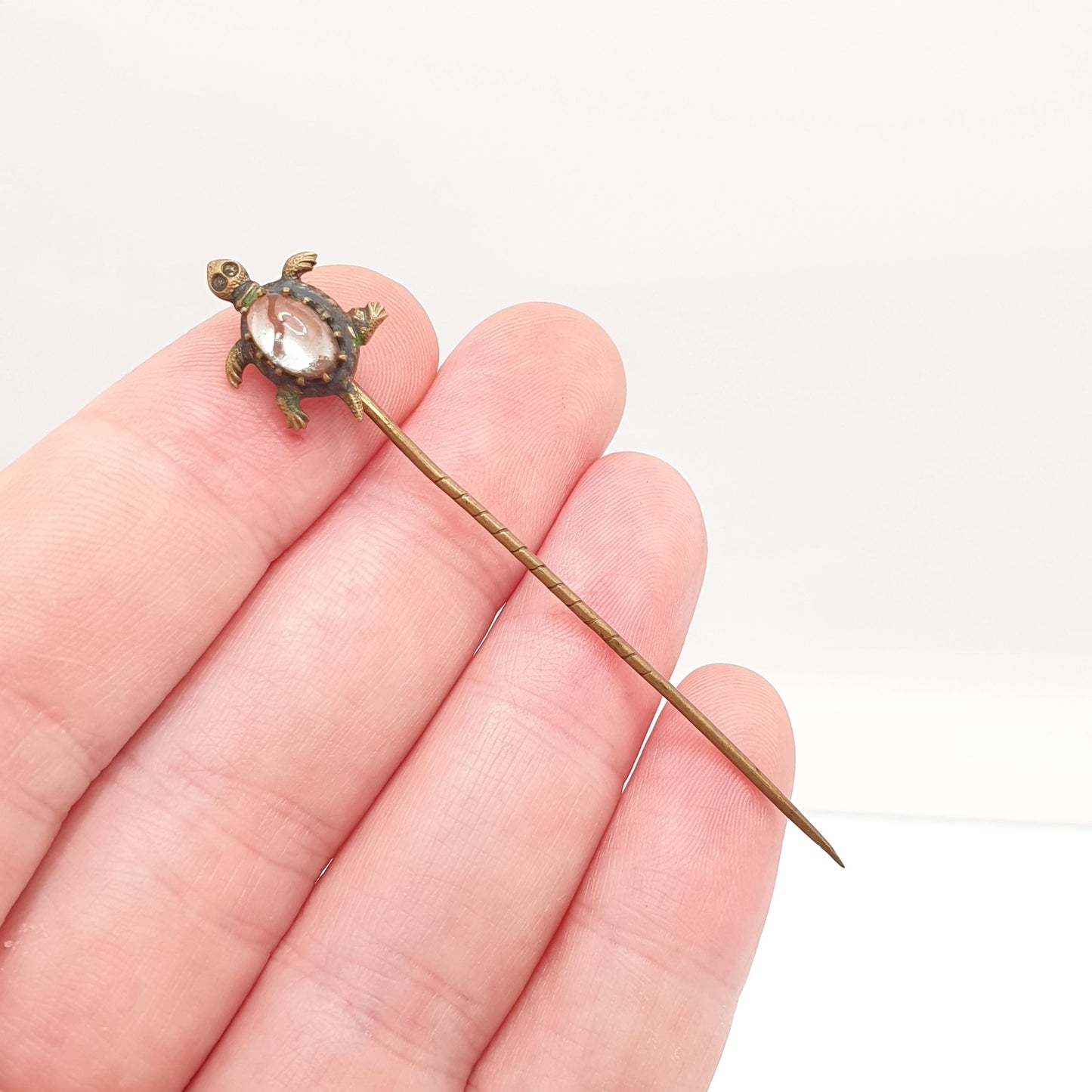 Antique Saphiret Turtle Stick Pin Victorian Tortoise Gold Tone Blue Red Rare Animal Lapel Vintage