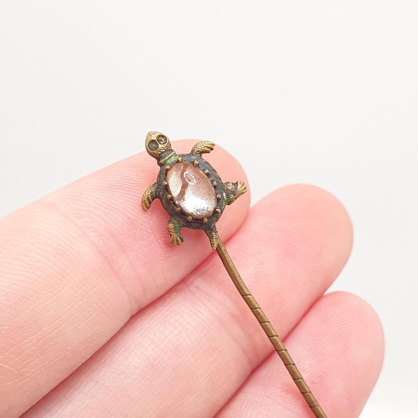 Antique Saphiret Turtle Stick Pin Victorian Tortoise Gold Tone Blue Red Rare Animal Lapel Vintage