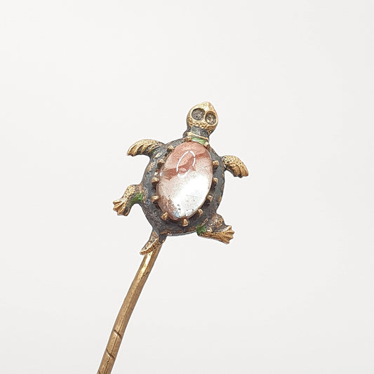 Antique Saphiret Turtle Stick Pin Victorian Tortoise Gold Tone Blue Red Rare Animal Lapel Vintage