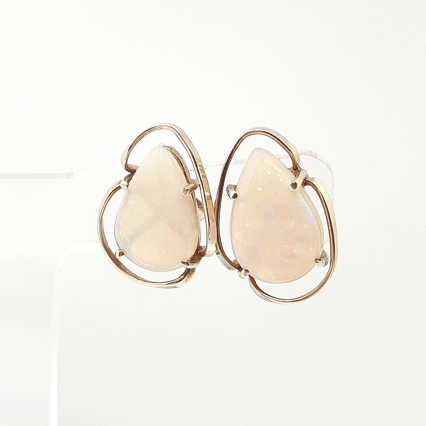 Vintage 9ct Gold Opal Earrings Large Stud Pear Cut Solid 9k 9kt Retro Womens Jewelry Jewellery