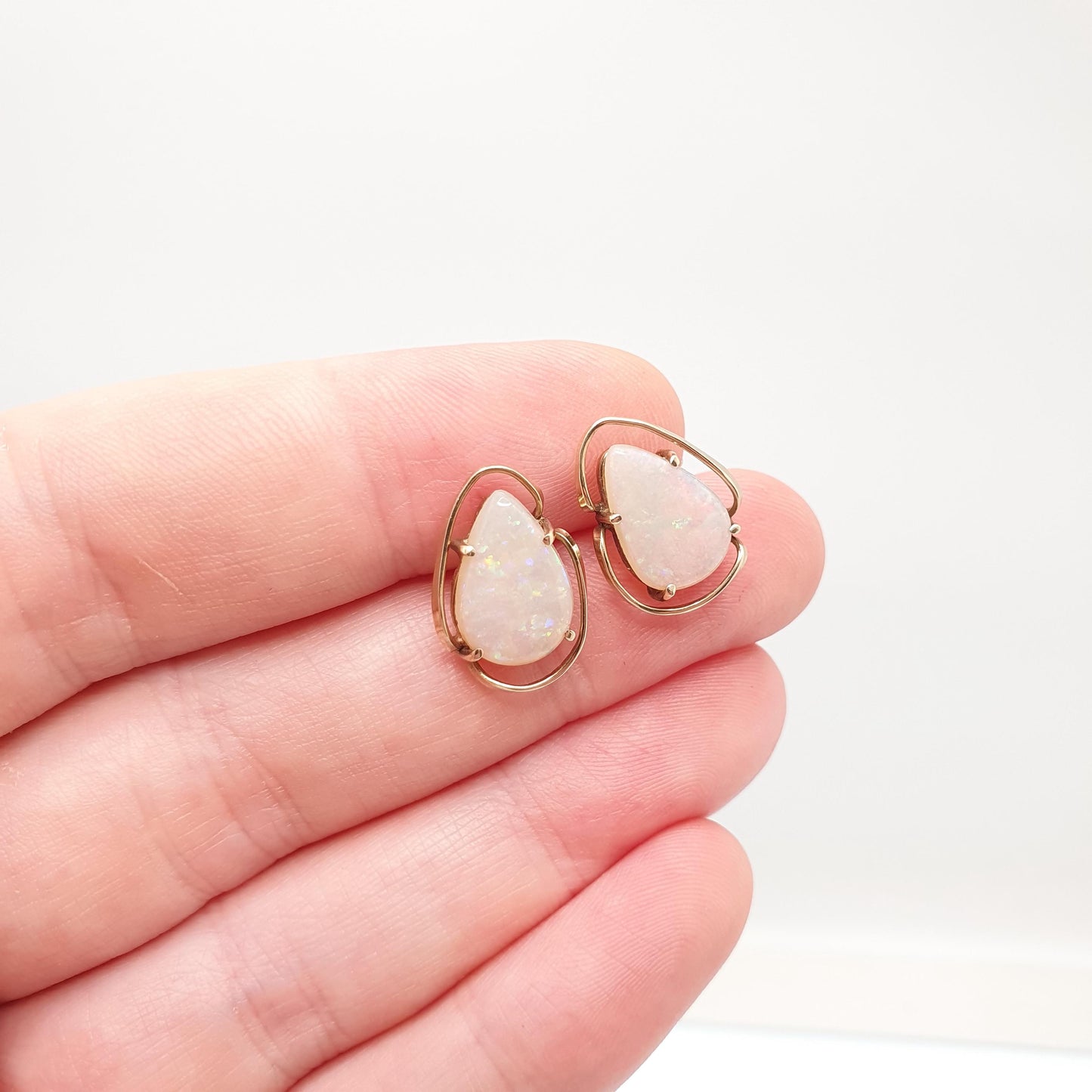 Vintage 9ct Gold Opal Earrings Large Stud Pear Cut Solid 9k 9kt Retro Womens Jewelry Jewellery