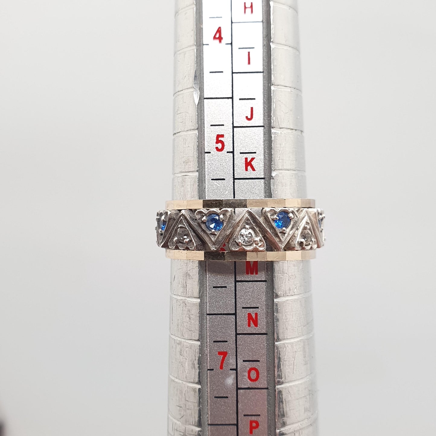 Antique Art Deco 9ct Gold & Sterling Silver Eternity Ring Blue White Spinel Triangle Vintage
