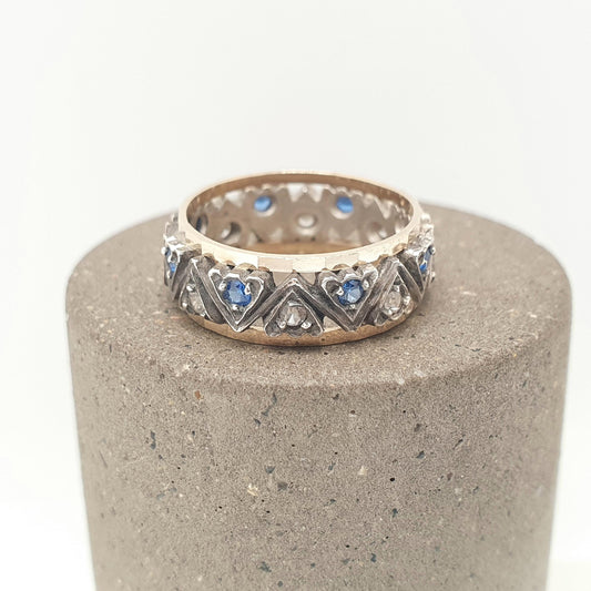 Antique Art Deco 9ct Gold & Sterling Silver Eternity Ring Blue White Spinel Triangle Vintage
