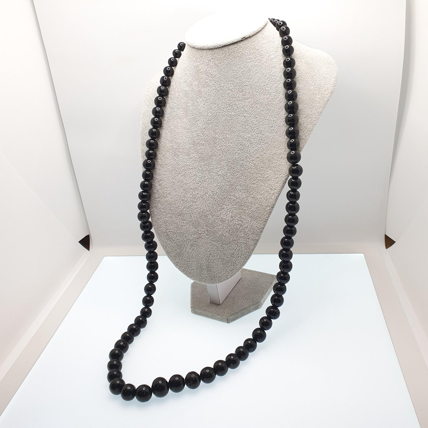 Antique Victorian Whitby Jet Round Bead Necklace Very Long 99cm 38" Graduating Genuine Mourning Vintage