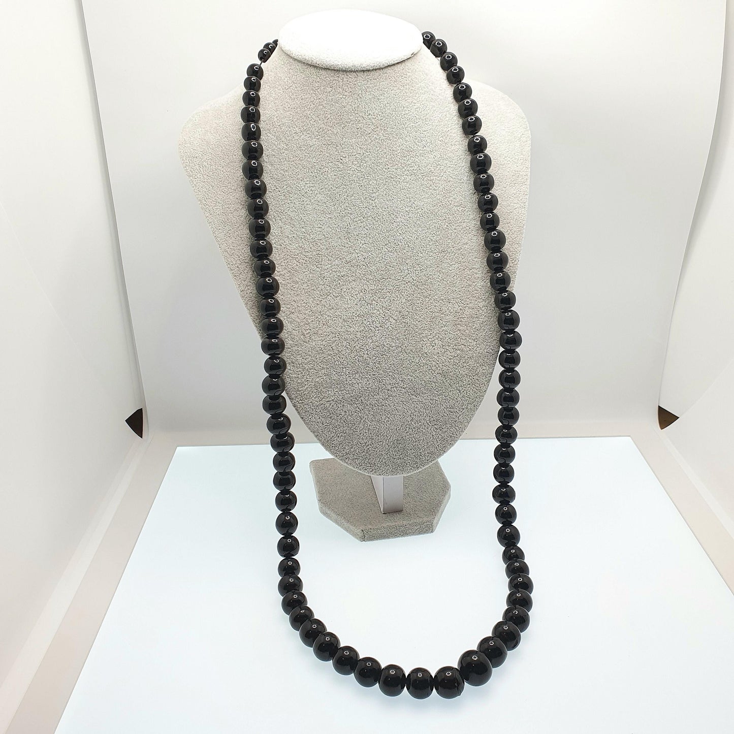 Antique Victorian Whitby Jet Round Bead Necklace Very Long 99cm 38" Graduating Genuine Mourning Vintage