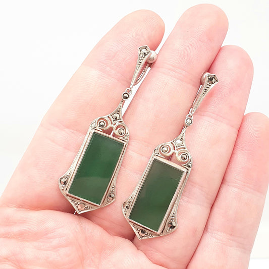 Antique Sterling Silver Chrysoprase Earrings Art Deco Marcasite Large Big Chandelier Rectangular Vintage Gemstone