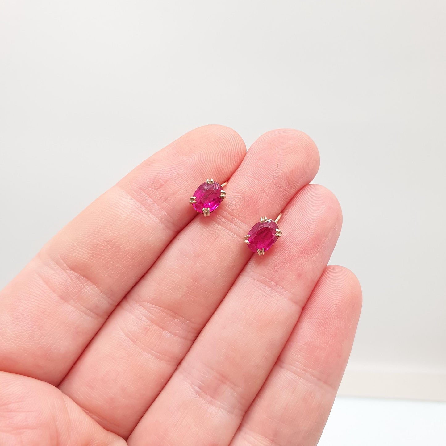 Antique 9ct Gold Ruby Earrings Art Deco Hook Solid 9k 9kt Oval Cut Solitaire Hook Vintage