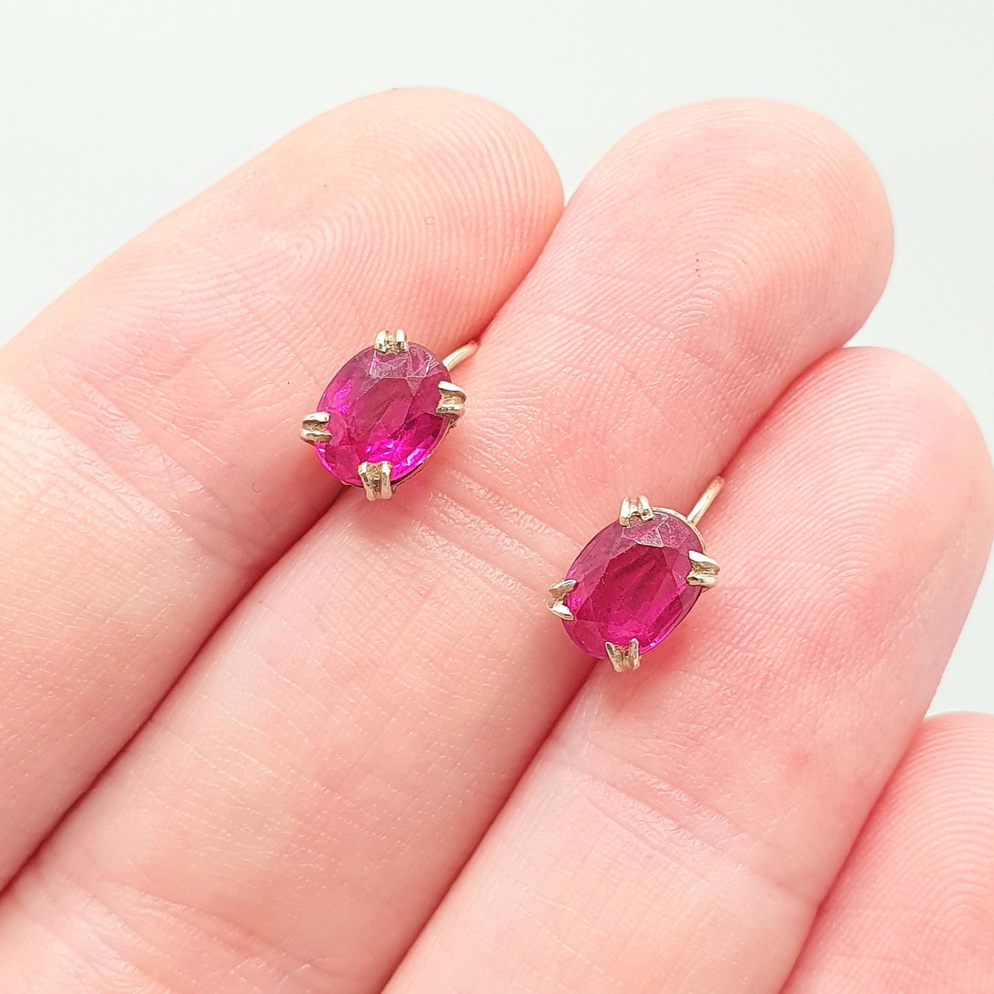 Antique 9ct Gold Ruby Earrings Art Deco Hook Solid 9k 9kt Oval Cut Solitaire Hook Vintage