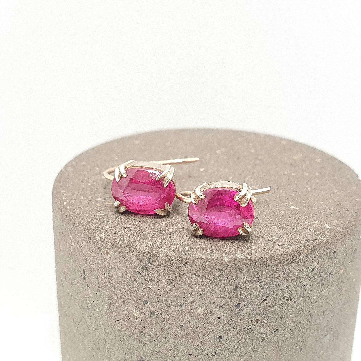Antique 9ct Gold Ruby Earrings Art Deco Hook Solid 9k 9kt Oval Cut Solitaire Hook Vintage