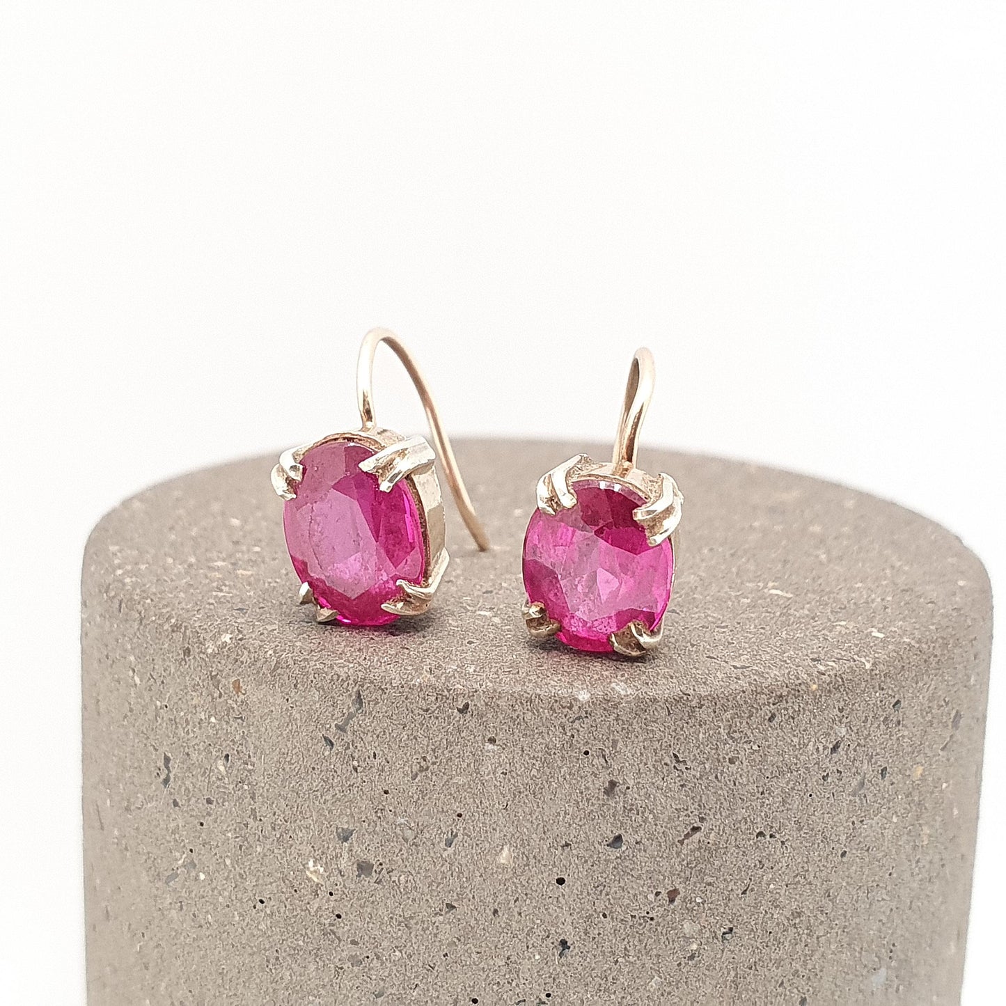 Antique 9ct Gold Ruby Earrings Art Deco Hook Solid 9k 9kt Oval Cut Solitaire Hook Vintage