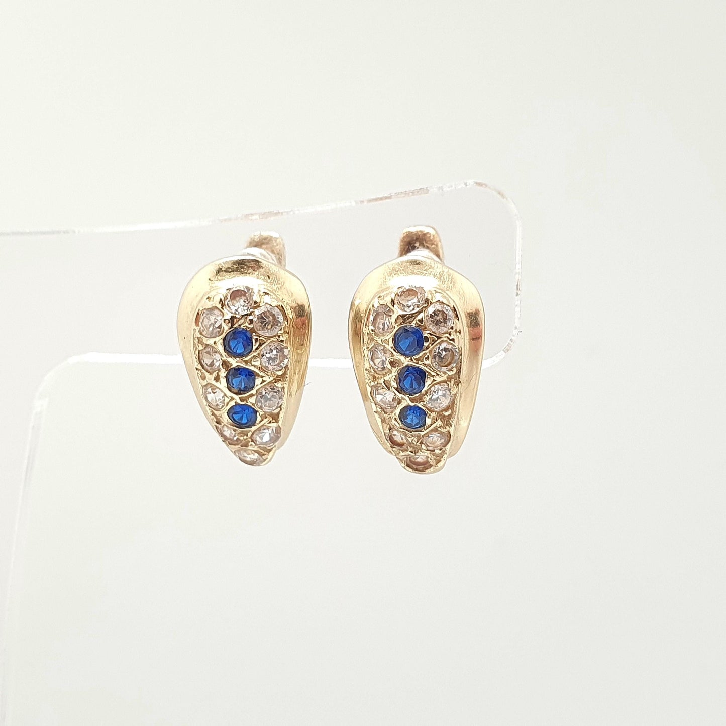 Vintage 14k Gold Blue Spinel Earrings Stud Solid 14kt 585 CZ Sparkly Retro Jewelry Jewellery