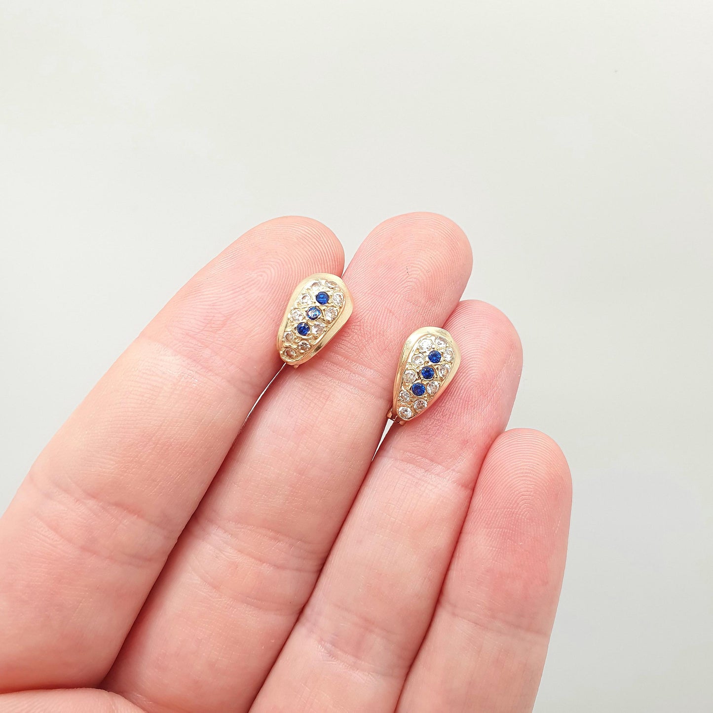 Vintage 14k Gold Blue Spinel Earrings Stud Solid 14kt 585 CZ Sparkly Retro Jewelry Jewellery