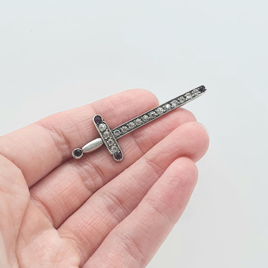 Antique Solid Silver Diamond & Amethyst Paste Sword Brooch Purple Vintage Men Womens Jewelry Jewellery