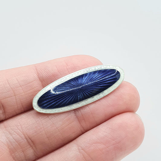 Antique Sterling Silver Guilloche Enamel Brooch White Blue JA&S John Aitkens and Son Vintage Scandinavian Style Jewelry Jewellery