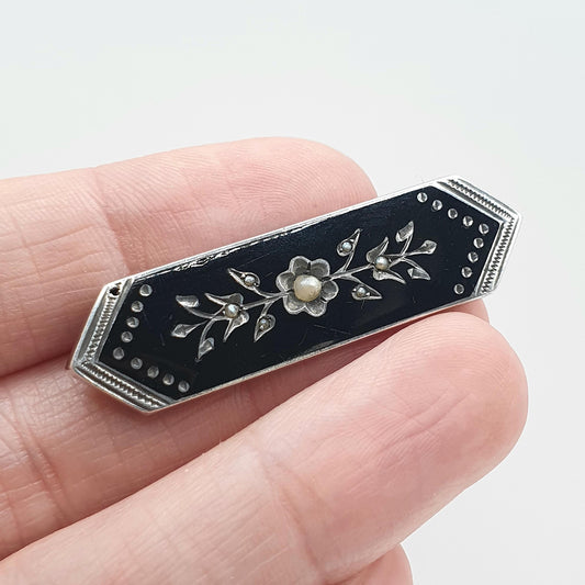 Antique Victorian Solid Silver Black Enamel and Seed Pearl Brooch Mourning Womens Ladies Jewelry Vintage Jewellery