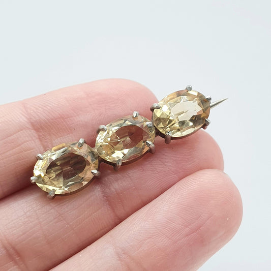 Antique Natural Citrine Brooch Oval Cut Trilogy Genuine Gemstone Base Metal Vintage Womens Jewelry Jewellery