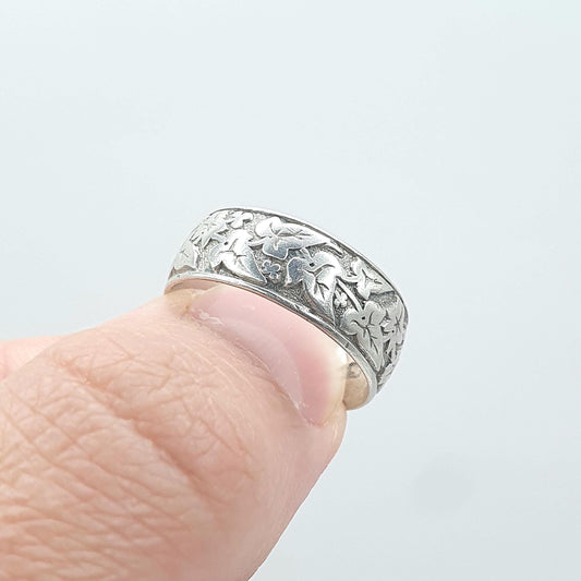 Antique Victorian Sterling Silver Band Ring Chased Ivy Leaf Pattern Foliage UK L US 5.75 Jewelry Womens Mens Womens Jewellery
