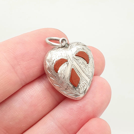Antique Sterling Silver Scottish Heart Pendant Red Jasper Necklace Victorian Vintage Jewellery Jewelry